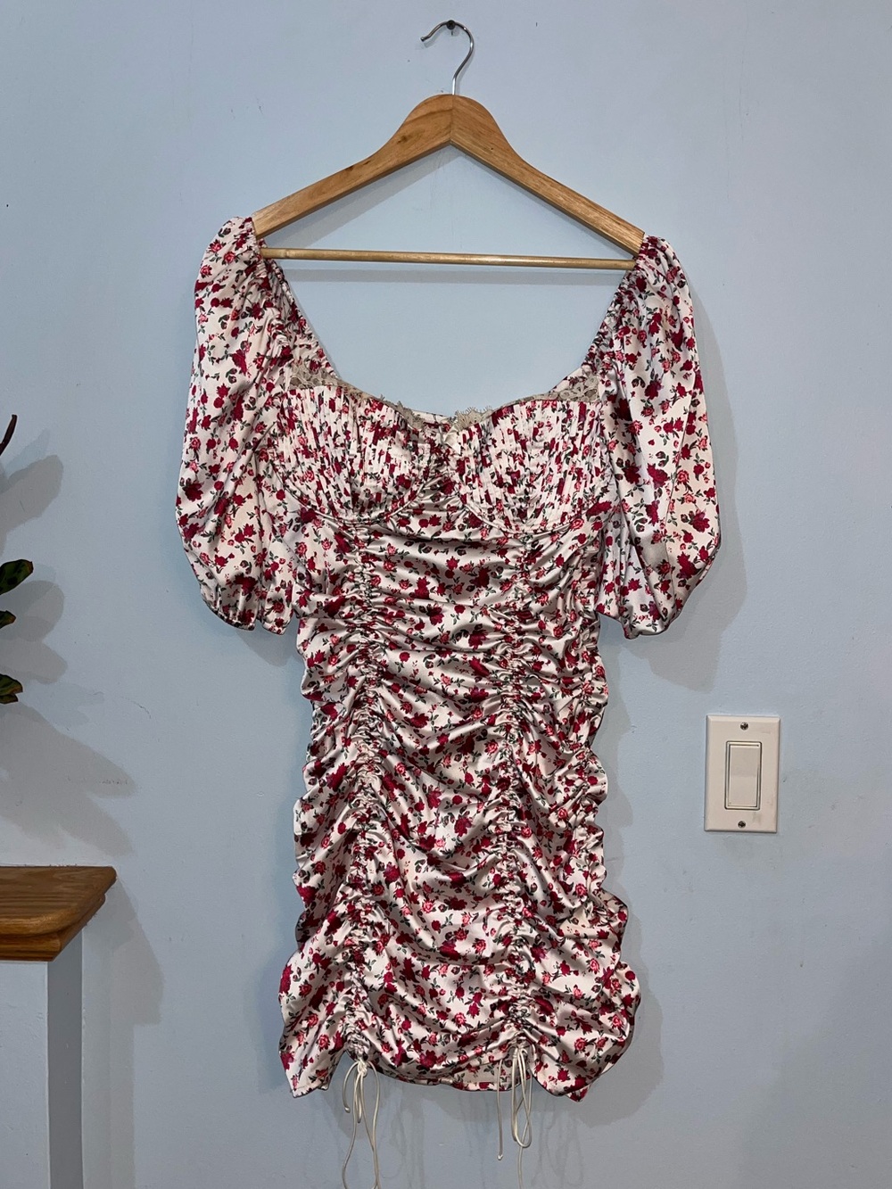 For Love And Lemons Biscotti White Mini Dress with Pink-Red Floral Ruched Design